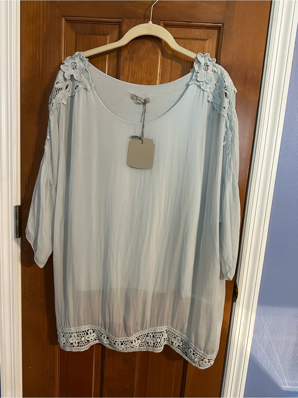 Light Blue Lace-Trim Tunic Blouse - Women's